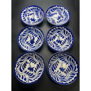 Set of 6 Talavera Style Ceramic Bowls Blue White Bird Floral Hand Painted